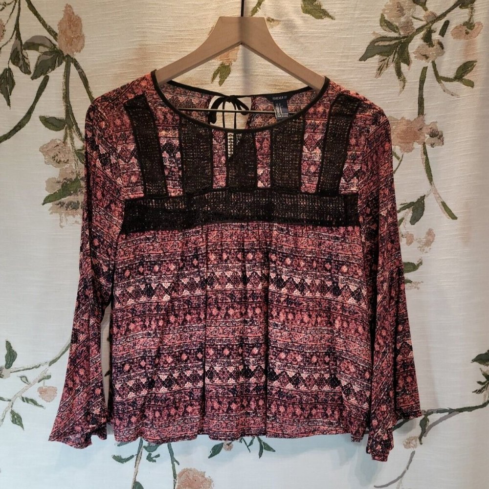 Forever 21 Women's Pink and Black Lace Bib Bohemian Top Size Small